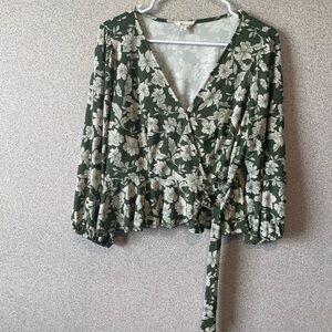 Meraki Green and White‎ Ruffled Wrap Blouse